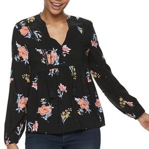 NWOT Mudd Black Floral Woven Boho Peasant Blouse w/Ladder Trim